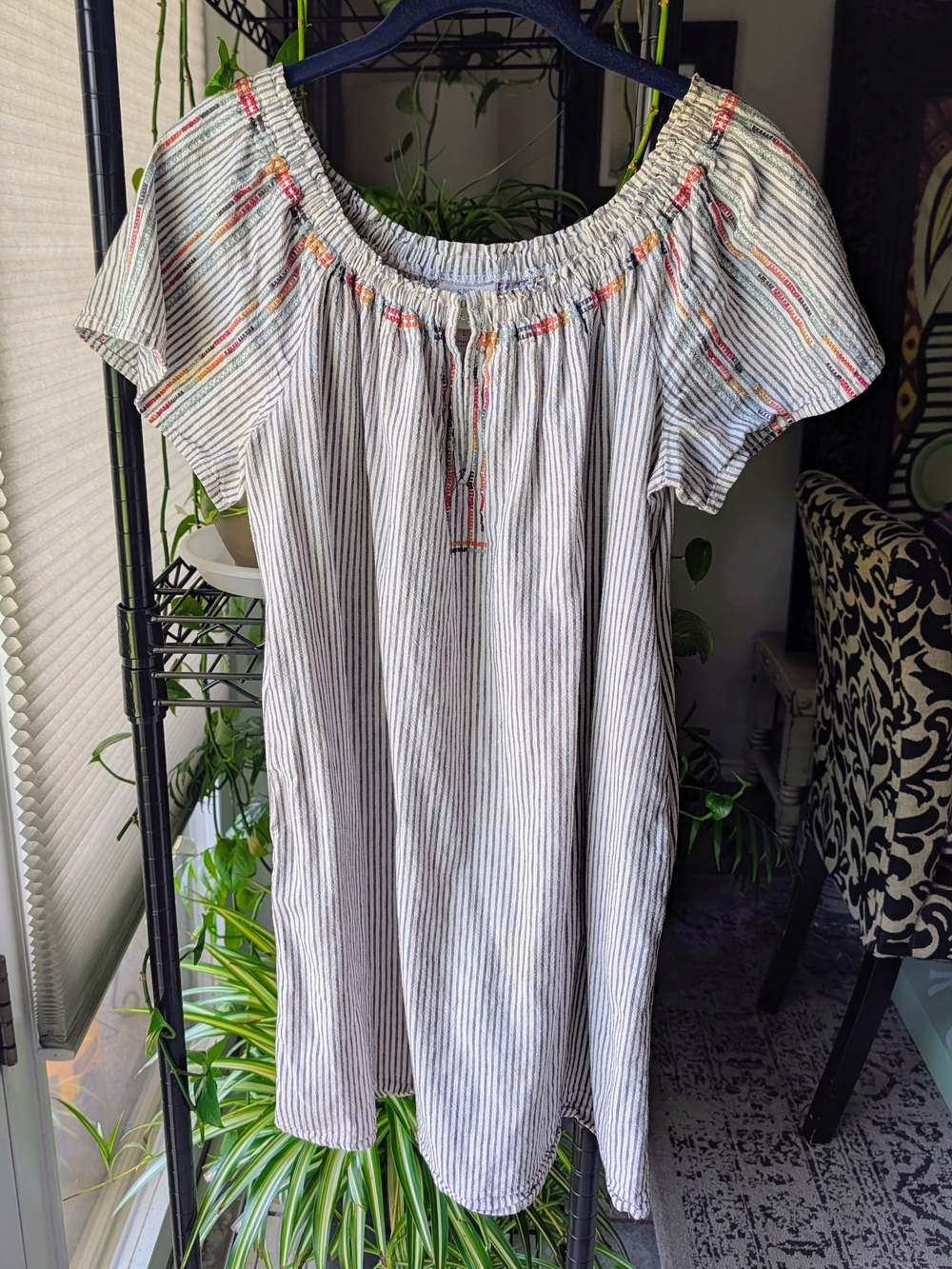 Knox Rose White/Navy Striped On-Off Shoulder Midi Dress with Colorful Trim  SZ L
